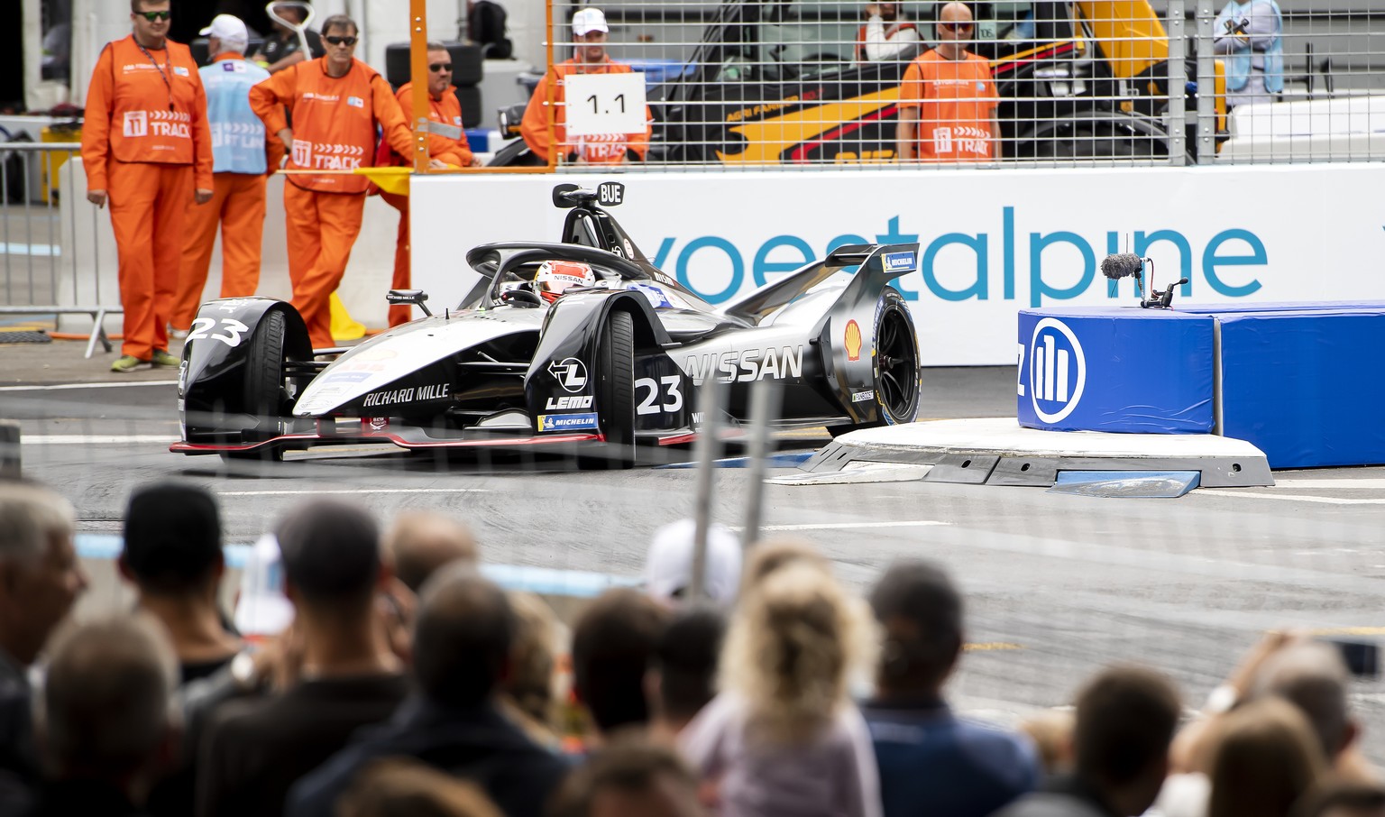 Swiss driver Sebastien Buemi, Nissan e.dams, competes during the second training session at the Bern E-Prix, the eleventh stage of the ABB FIA Formula E championship, in Bern Switzerland, Saturday, Ju ...