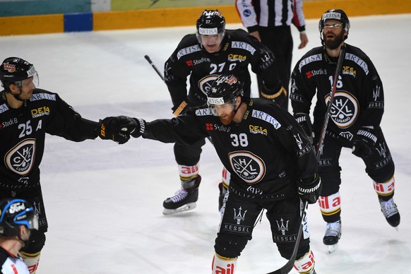 Lugano&#039;s player Raffaele Sannitz celebrates the final score 4-2 during the regular season game of National League A (NLA) Swiss Championship 2018/19 between HC Lugano and SC Bern at the ice stadi ...