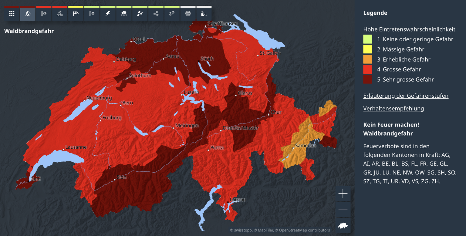 Die Waldbrandgefahr in der Schweiz am 31. Juli und 1. August 2026.