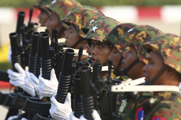 Military officers march during a parade to commemorate Myanmar&#039;s 78th Armed Forces Day in Naypyitaw, Myanmar, Monday, March 27, 2023. (AP Photo/Aung Shine Oo)