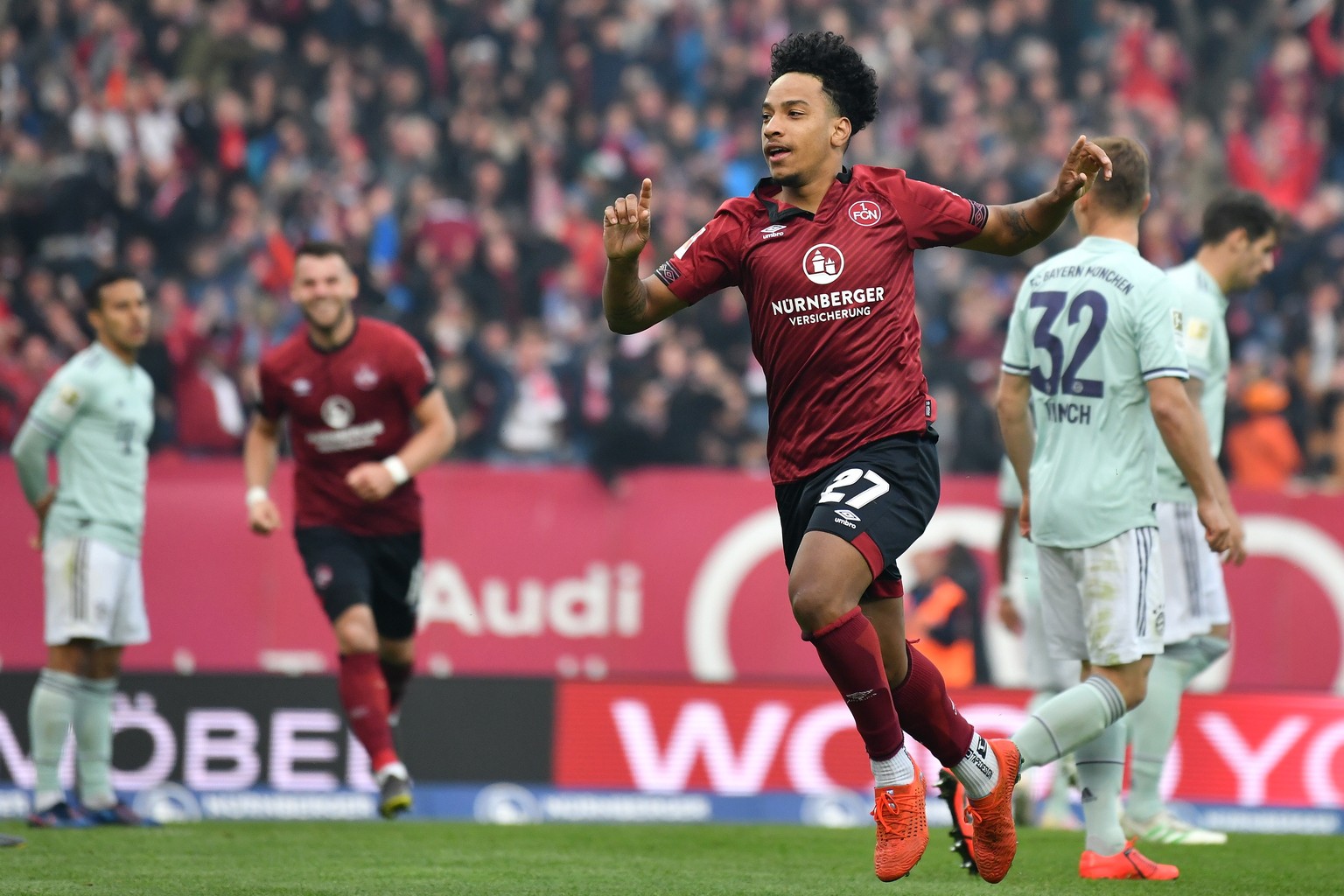 epa07535009 Nuernberg&#039;s Matheus Pereira celebrates during the German Bundesliga soccer match between FC Nuernberg and FC Bayern in Nuremberg, Germany, 28 April 2019. EPA/PHILIPP GUELLAND CONDITIO ...