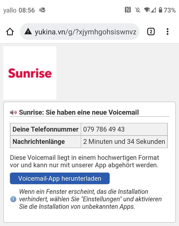 Da die Sprachnachricht in einem «hochwertigen Format» vorliege, könne man sie nur mit einer neuen Voicemail-App hören. (Humor haben die Ganoven!)