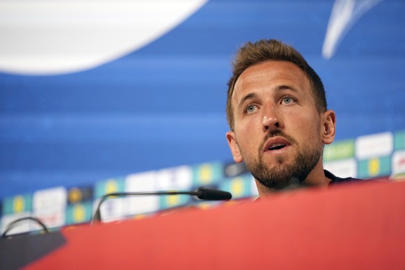 England&#039;s Harry Kane speaks during a press conference in Blankenhain, Germany, Sunday, June 23, 2024 ahead of the national team Group C soccer match against Slovenia at the Euro 2024 soccer tourn ...