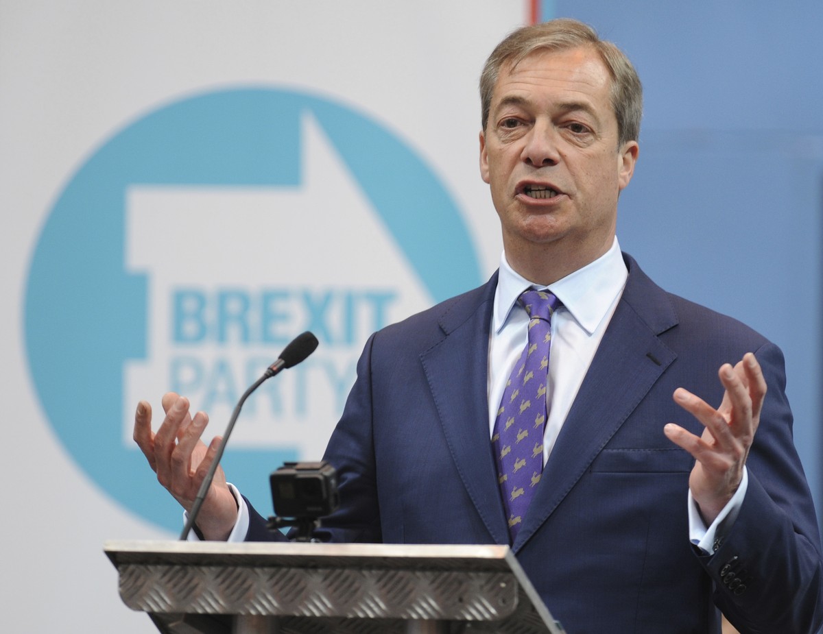 British MEP Nigel Farage speaks during the launch of the Brexit Party's European election campaign, Coventry, England, Friday, April 12, 2019. On Friday, Nigel Farage launched the campaign of his ...