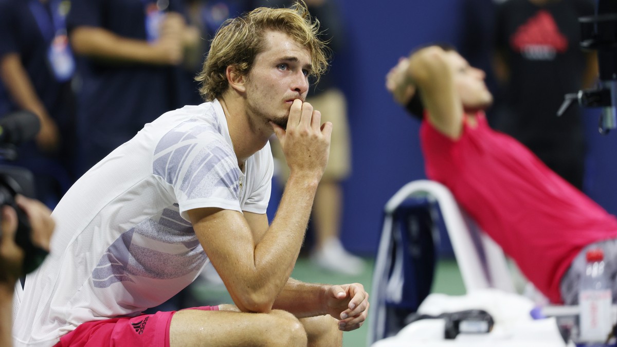 epa08667436 Alexander Zverev of Germany reacts after losing to Dominic Thiem of Austria in the Men's Final match on the fourteenth day of the US Open Tennis Championships the USTA National Tennis ...