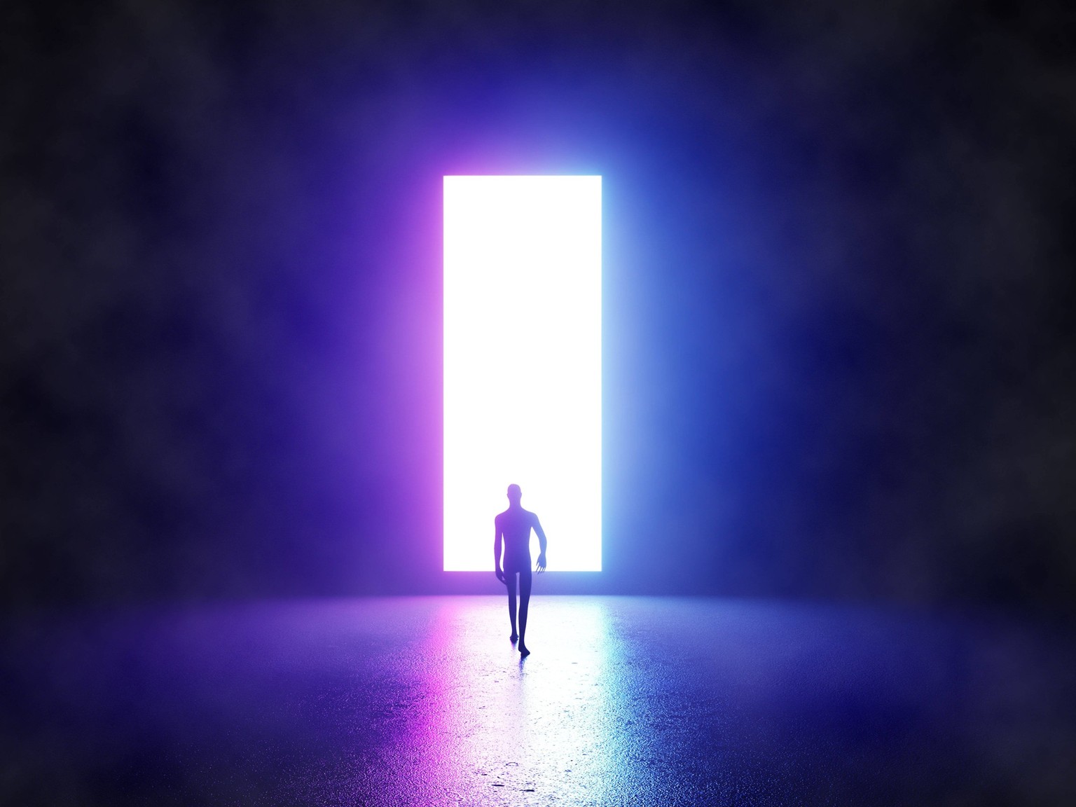 White light Silhouette of a naked man viewed from behind in a large dark room, walking towards a purple luminescent rectangular opening PUBLICATIONxNOTxINxFRA Copyright: xDR/Andia.frx 388322