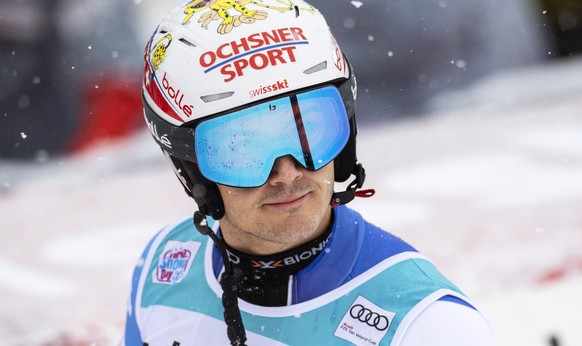 epa07279594 Loic Meillard of Switzerland reacts in the finish area during the first run of the men&#039;s Slalom race at the FIS Alpine Skiing World Cup in Adelboden, Switzerland, 13 January 2019. EPA ...