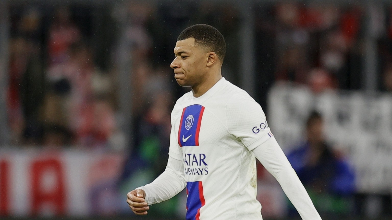 epa10510475 Kylian Mbappe of Paris Saint-Germain reacts after the UEFA Champions League Round of 16, 2nd leg match between Bayern Munich and Paris Saint-Germain in Munich, Germany, 08 March 2023. EPA/ ...