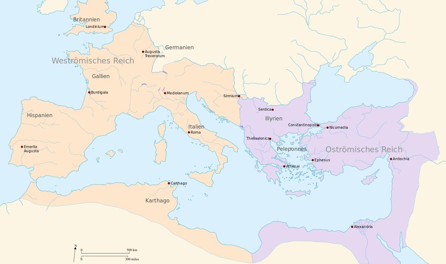 Teilung des Römischen Reiches 395 in Westrom und Ostrom. 
