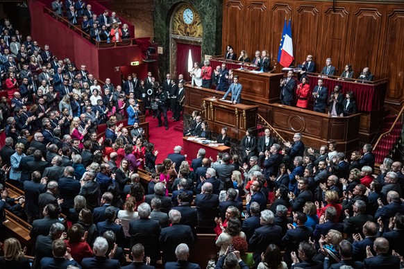 epa11198900 French Prime Minister Gabriel Attal (C) delivers a speech to members of the Parliament during a special congress gathering of both houses of parliament (National Assembly and Senate) in th ...