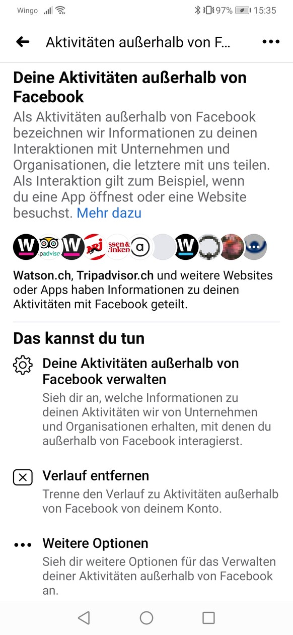 Die Übersicht enthält sowohl die Anzahl der Übertragungen als auch das letzte Datum, an dem eine App Informationen an Facebook übermittelt hat.