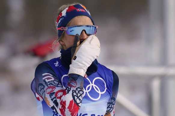 Norway&#039;s Therese Johaug reacts after finishing the women&#039;s 10km classic cross-country skiing competition at the 2022 Winter Olympics, Thursday, Feb. 10, 2022, in Zhangjiakou, China. (AP Phot ...