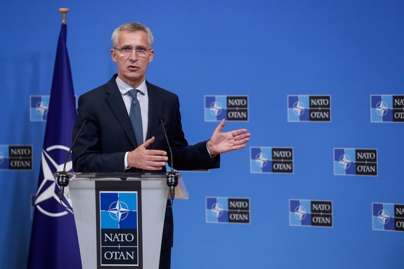 epa09245435 NATO Secretary-General Jens Stoltenberg speaks during a press conference with Lithuanian Prime Minister Ingrida Simonyte, after their meeting at the NATO headquarter in Brussels, Belgium,  ...