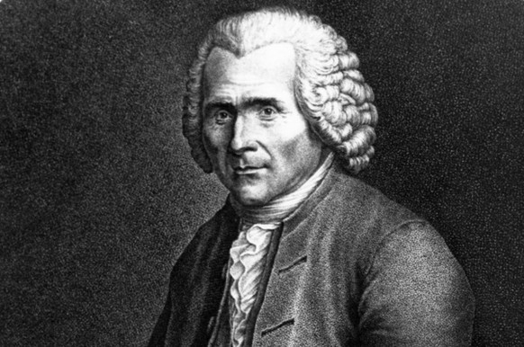 Jean-Jacques Rousseau (1712-1775), Genfer Autor und Philosoph, sein paedagogisches Hauptwerk haltend: &quot;Emile oder ueber die Erziehung&quot;. In einer undatierten Zeichnung von Devosge. (KEYSTONE/ ...