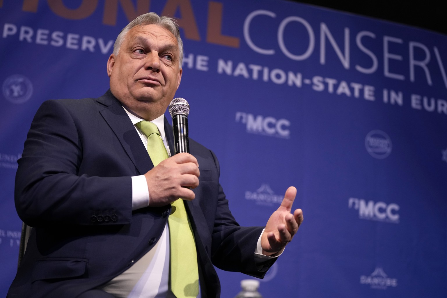 Hungary&#039;s Prime Minister Viktor Orban speaks during the National Conservatism conference in Brussels, Wednesday, April 17, 2024. (AP Photo/Virginia Mayo)