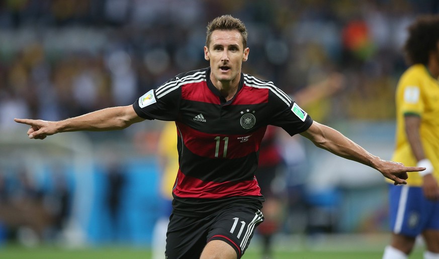 epa05612557 (FILES) A file picture dated 08 July 2014 of Germany&#039;s Miroslav Klose celebrating after scoring the second goal for his team during the FIFA World Cup 2014 semi final match between Br ...