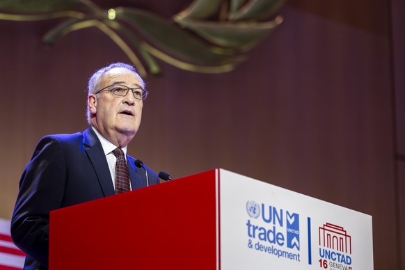Swiss Economy Minister Guy Parmelin delivers his statement, during the UNCTAD 16 intergovernmental meeting convened by United Nations Conference on Trade and Development (UNCTAD), at the European head ...