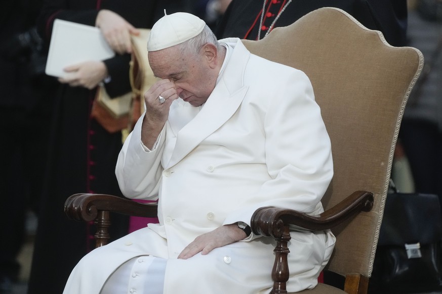 Pope Francis prays in front of the statue of the Virgin Mary, on the occasion of the Immaculate Conception feast in Rome, Thursday, Dec. 8, 2022. (AP Photo/Gregorio Borgia)