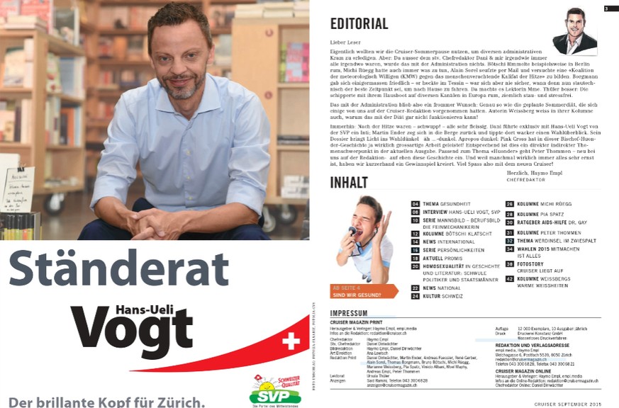 Vogt-Inserat auf Seite 1 der September-Ausgabe des «Cruiser».