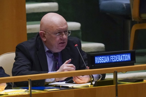 Russian Ambassador to the United Nations Vasily Nebenzya speaks during an emergency meeting of the General Assembly at United Nations headquarters, Thursday, March 24, 2022. (AP Photo/Seth Wenig)
Vasi ...