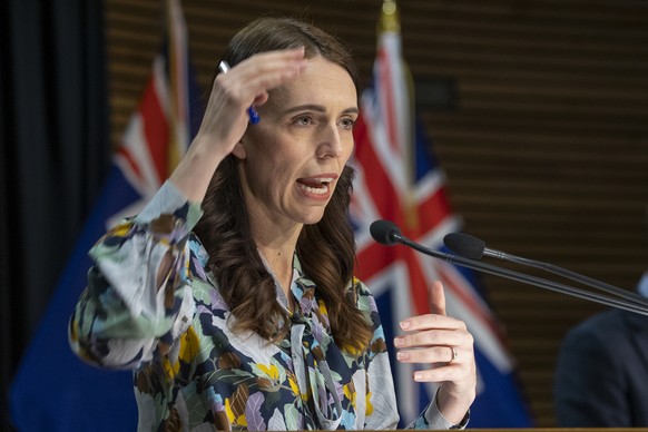 New Zealand Prime Minister Jacinda Ardern gestures during a COVID-19 update press conference in Wellington, New Zealand, Friday, Aug. 20, 2021. New Zealand&#039;s first virus outbreak in six months ha ...