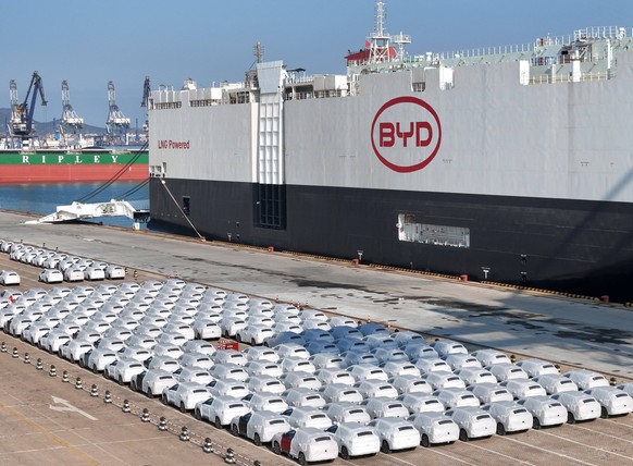 BYD Explorer No. 1 Car Carrier The BYD Explorer No. 1 car carrier is being loaded with new energy vehicles for export at the port of Yantai, Shandong Province, China, on January 10, 2024. Yantai Shand ...
