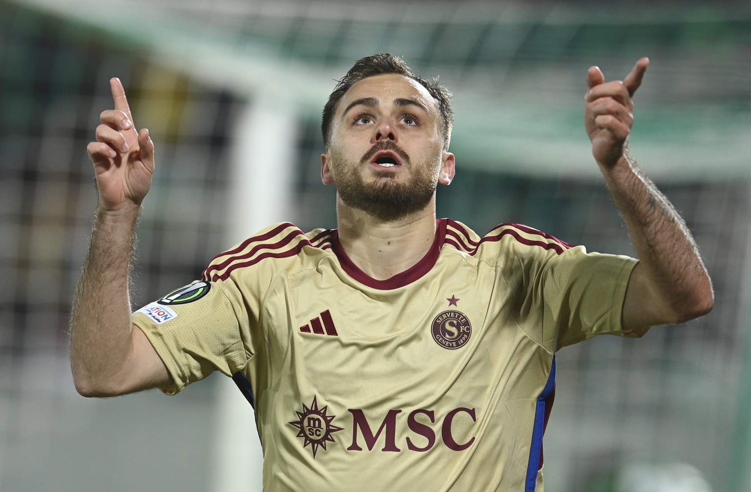 epa11172869 Timothy Cognat of Servette celebrates after scoring the 0-1 lead during the UEFA Europa Conference League knock-out round play-offs, 2nd leg soccer match between Ludogorets and Servette in ...