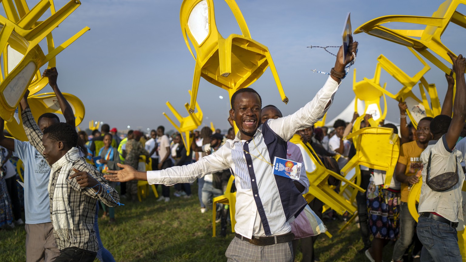 Worshippers gather at Ndolo airport for a Holy Mass with Pope Francis in Kinshasa, Congo, Wednesday, Feb. 1, 2023. Francis is in Congo and South Sudan for a six-day trip, hoping to bring comfort and e ...