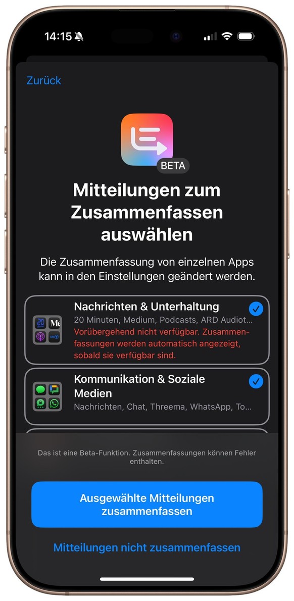 Apple-KI: «Mitteilungen zusammenfassen»