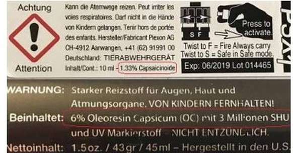 Rechenbeispiel: Dieser Pfefferspray hat eigentlich einen Schärfegrad von drei Millionen Scoville, jedoch macht der Wirkstoff nur sechs Prozent aus. Die effektive Schärfe liegt also bei 180'000 Scovill ...