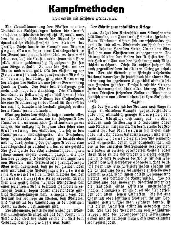 Artikel &quot;Kampfmethoden&quot; in den Neuen Zürcher Nachrichten, 1940.