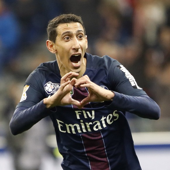 FILE - In this April 1, 2017, file photo, Paris Saint Germain&#039;s Angel Di Maria celebrates after he scored a goal against Monaco during their League Cup final soccer match in Decines, France. A Fr ...