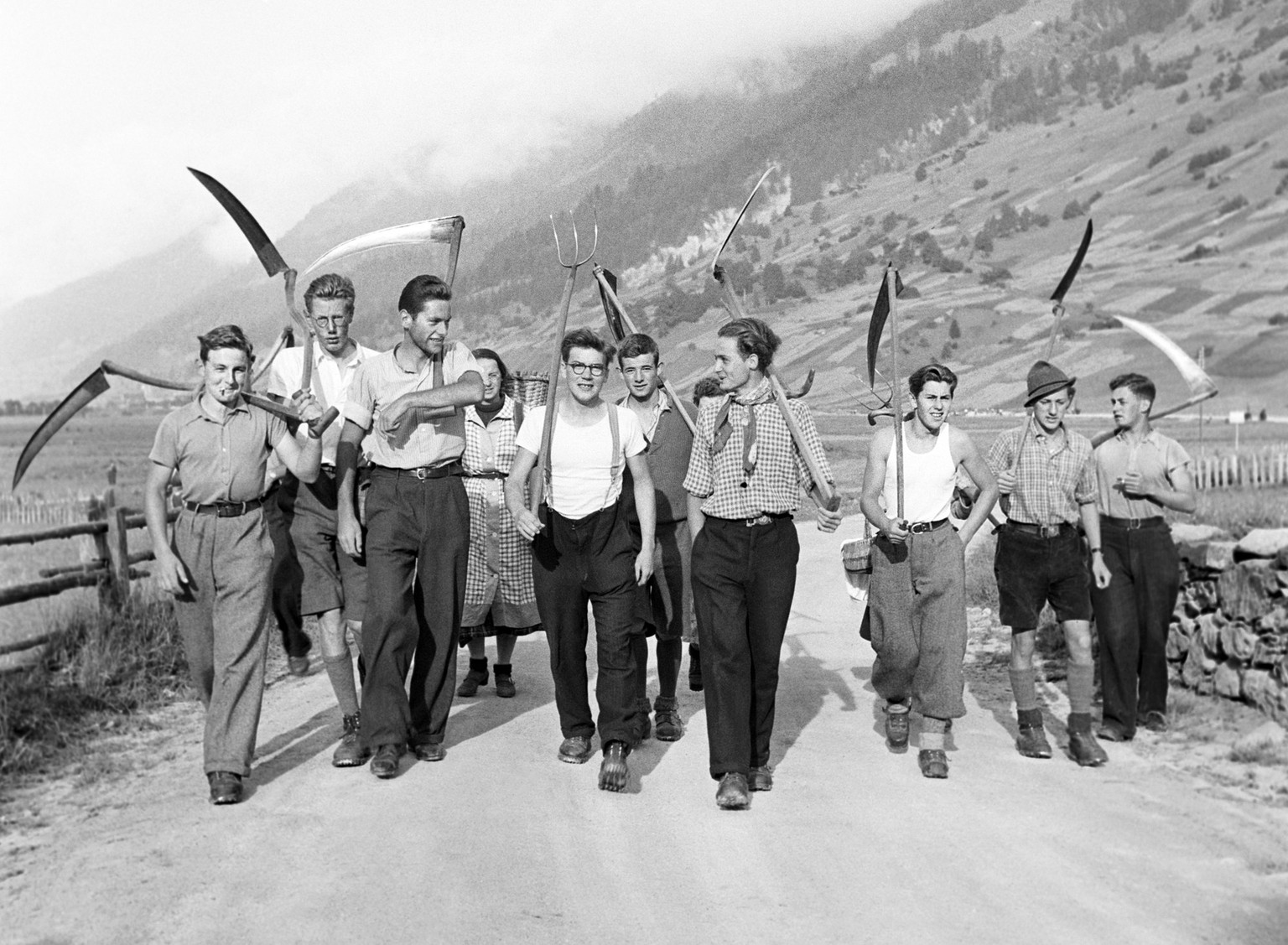 Students help with the hay harvest during the obligatory country service, pictured in Obergesteln in the Canton of Valais, Switzerland, on August 5, 1940. (KEYSTONE/PHOTOPRESS-ARCHIV/Str)

Im Rahmen d ...