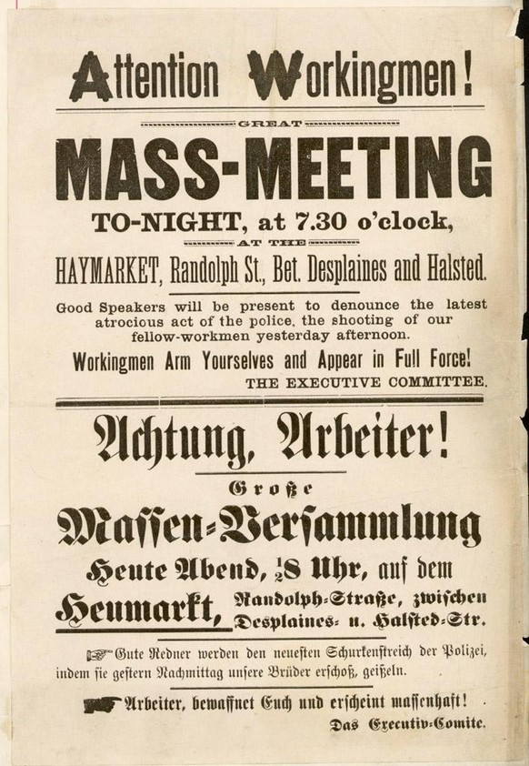 Ein zweisprachiges Flugblatt aus Chicago von 1886 mit der Aufforderung, am 4. Mai erneut an einer Kundgebung auf dem Haymarket teilzunehmen.
