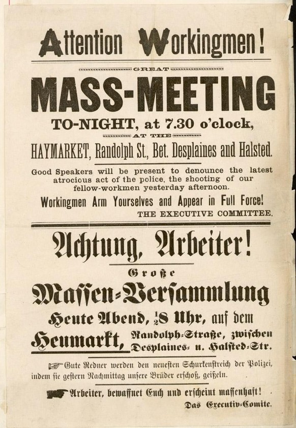 Geschichte des Ersten Mais: Flugblatt mit der Aufforderung, am 4. Mai erneut an einer Kundgebung auf dem Haymarket in Chicago teilzunehmen.