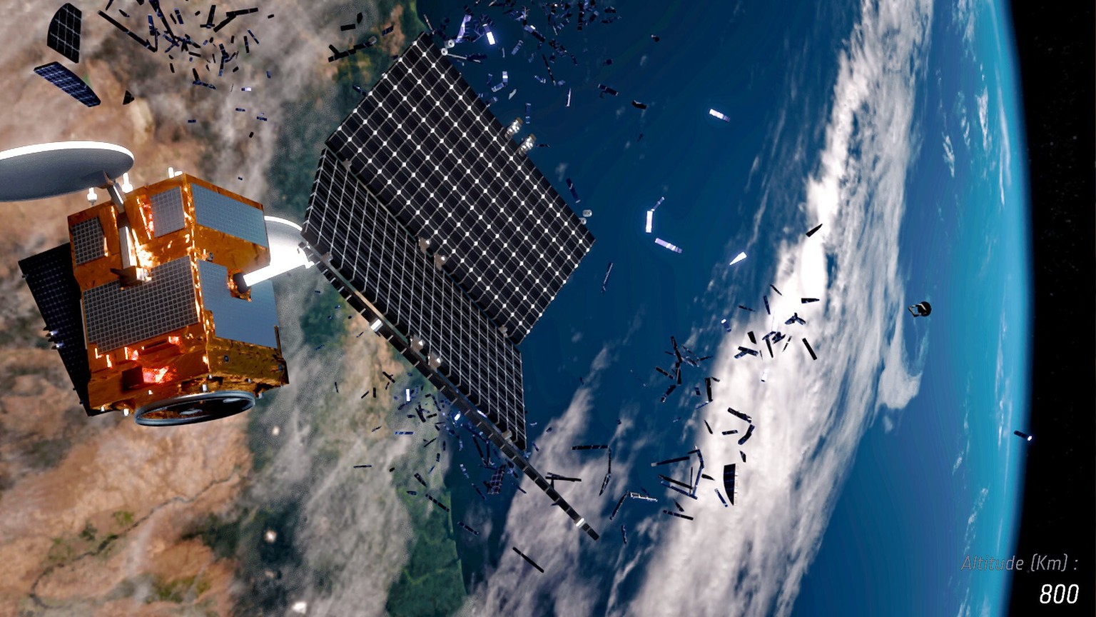 Ein Satellit bricht im All auseinander.