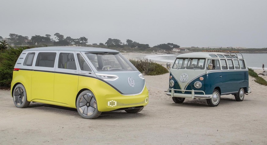 Der VW ID.Buzz nimmt Designelemente des so genannten Samba-Busses aus den 1960er Jahren auf.