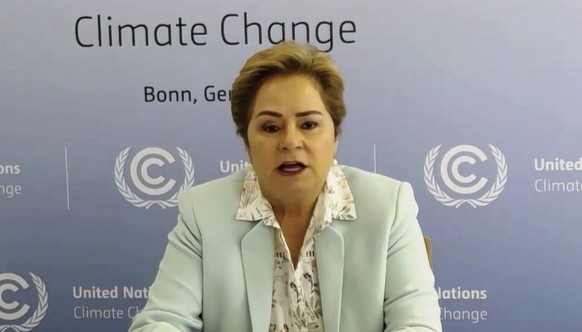 In this photo taken from video streamed online and provided by Ministry of Environment Government of Japan, Patricia Espinosa, Executive Secretary of the United Nations Framework Convention on Climate ...