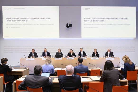 v.l. Prof. Dr. Adrian Vatter, Dr. Oliver Zimmer, Anne Benoit, Kommissionssekretaerin, Staenderaetin Heidi Z'graggen, Mitte-UR, Kommissionspraesidentin, Prof. Dr. Stefan G. Schmid, Prof. Dr. Astri ...
