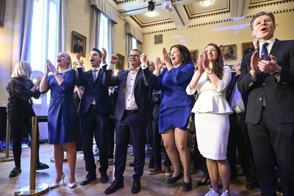 epa11400426 Prime Minister of Finland Petteri Orpo (C), the chairperson of National Coalition Party attends the event after the European Elections in Helsinki, Finland, 09 June 2024. There are 232 can ...