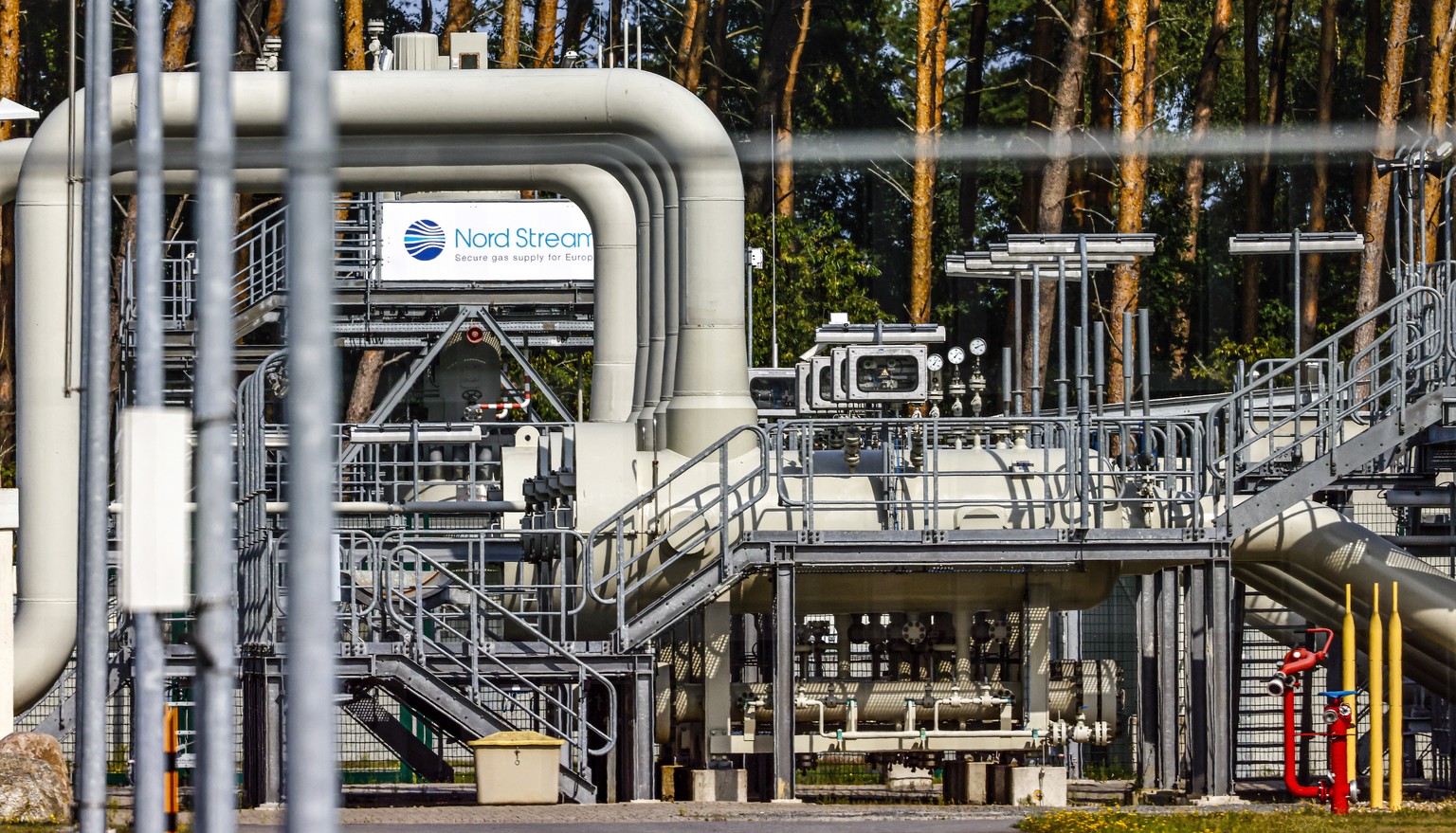 epa10167233 Pipes at the landfall facilities of the 'Nord Stream 1' gas pipeline in Lubmin, Germany, 07 September 2022. Gas supplies are being used by Russia to exert pressure on European nations in r ...