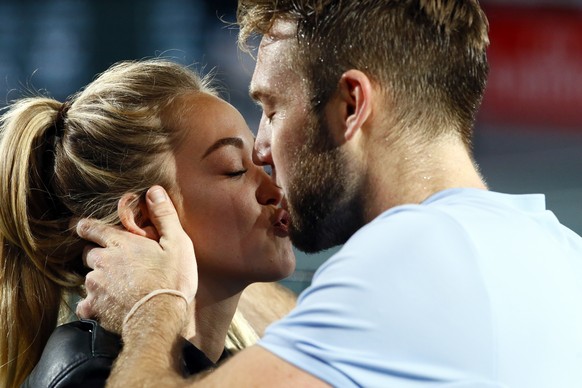 Jack Sock of the United States kisses his girl friend as he celebrates his victory against Filip Krajinovic of Serbia during their final match of the Paris Masters tennis tournament at the Bercy Arena ...