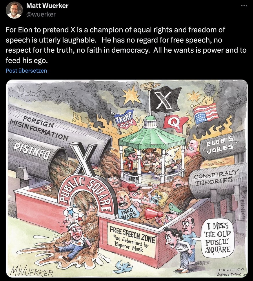 Karikatur zu X (Twitter) unter Elon Musk