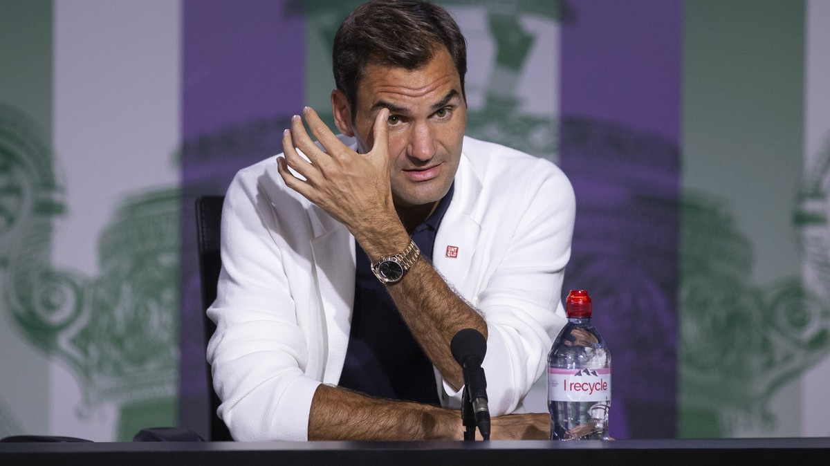 epa07683189 Roger Federer of Switzerland speaks during a press conference at the All England Lawn Tennis Championships in Wimbledon, London 29 June 2019. EPA/PETER KLAUNZER EDITORIAL USE ONLY; NO SALE ...