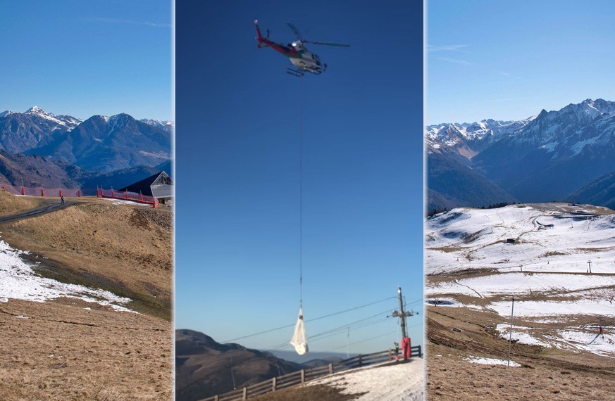 Ein Heli bringt eine Ladung Schnee auf den Gipfel des Skigebietes Luchon-Superbagnères.