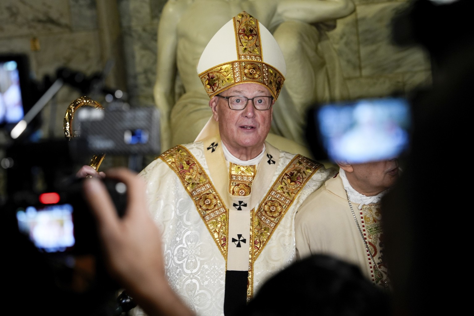 Cardinal Timothy Dolan speaks to reporters following a mass for the late Pope Francis at St. Patrick's Cathedral, Tuesday, April 22, 2025, in New York. (AP Photo/Julia Demaree Nikhinson)
US Obit ...