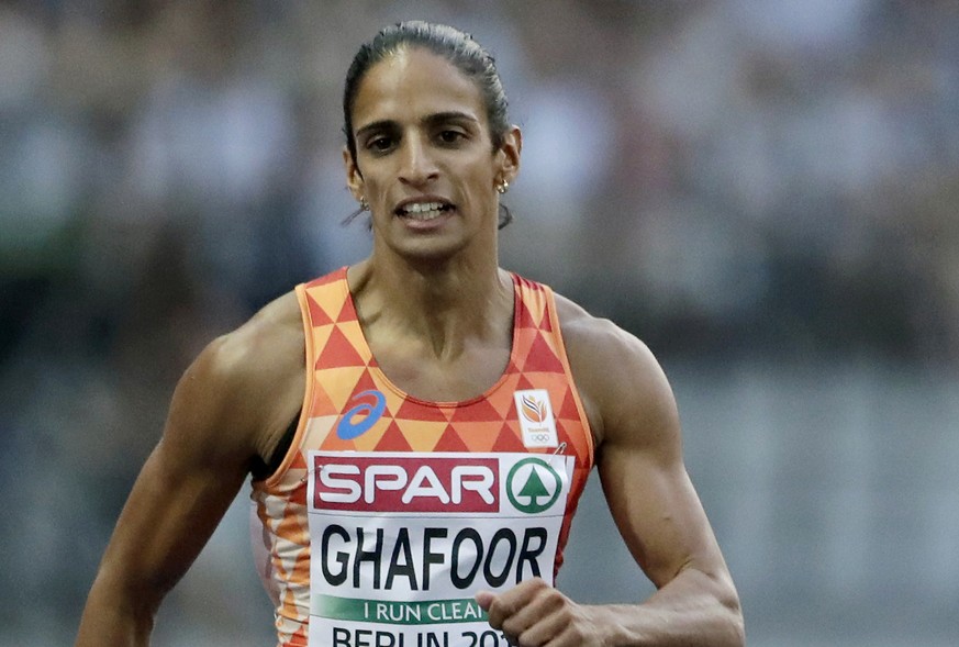 FILE - In this Thursday, Aug. 9, 2018 file photo, Netherlands&#039; Madiea Ghafoor competes during a woman&#039;s 400 meter semi final race at the European Athletics Championships in Berlin, Germany.  ...