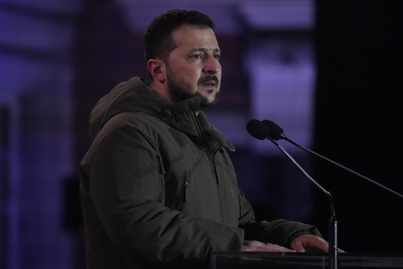 Ukrainian President Volodymyr Zelenskyy delivers a speech during his visit to Warsaw, Poland, Wednesday, April 5, 2023. (AP Photo/Czarek Sokolowski)
