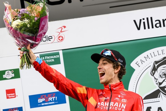 Second placed Gino Maeder from Switzerland of team Bahrain Victorious, reacts during the fifth and last stage, a 15,8 km race against the clock between Aigle and Villarsl at the 75th Tour de Romandie  ...