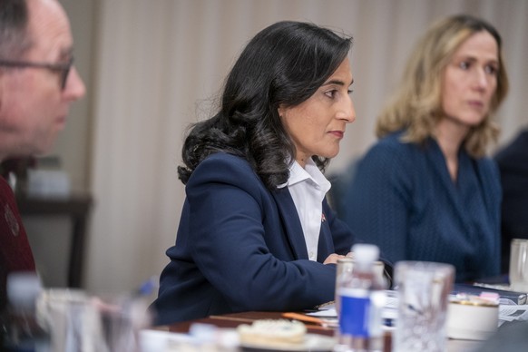 epa10459481 Canadian Minister of National Defense Anita Anand delivers remarks during a meeting with the US secretary of defense (not pictured) at the Pentagon in Arlington, Virginia, USA, 10 February ...